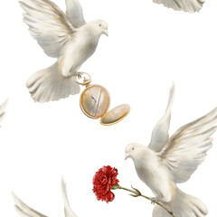 White pigeon soaring in air with red carnation,dove spread its wings as a symbol of the revolution's peaceful nature.Hand drawn watercolor illustration isolated on white for wedding or social designs