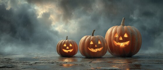 Three carved pumpkins displayed on a wooden porch in autumn colors