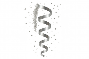 Silver spiral streamer with tinsel and falling confetti, celebrating festivities and special occasions