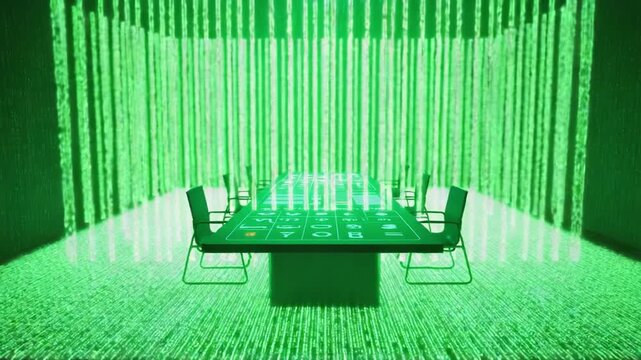 Empty meeting room with a conference table and chairs in a digital environment with green binary code and matrix data streams flowing down the walls, symbolizing the metaverse and cyberspace
