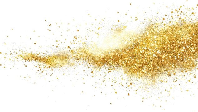 Abstract image of a gold glitter cloud, a dynamic, scattered explosion of tiny gold particles against a plain white background.  The gold is concentrated in a wave-like shape