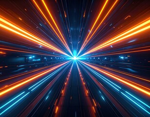 Obraz premium Sfondo Iperspazio Futuristico, Tunnel con Strisce di Luce Neon Blu e Arancione, Iper-Velocità Energetica, Design Sci-Fi a Contrasto Caldo-Freddo.