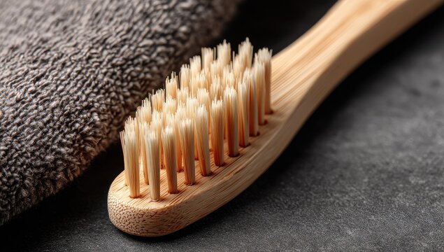 Close-up of a bamboo toothbrush, bristles and handle.  A gray towel is in the background