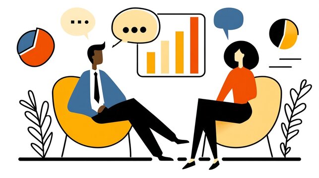 a graphic illustration depicting two people seated in chairs, surrounded by icons representing graphs and charts