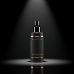 Luxury Black Perfume Bottle with Gold Accents Spotlighted on a Dark Stage for Product Display