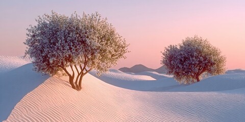 Tranquil Sunset Over Serene Sand Dunes and Trees, Capturing the Beauty of a Desert Landscape