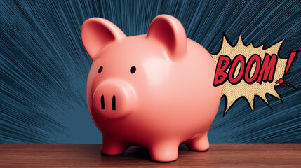Pink piggy bank with a comic-style explosion effect behind it.