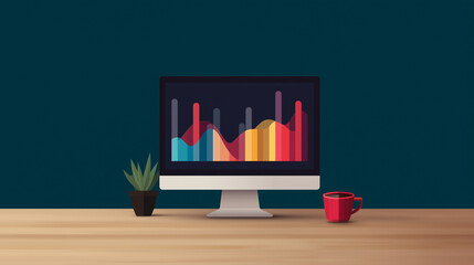 Workspace with a computer displaying colorful data charts.