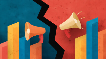 Graphic illustration of megaphones and bar graphs in contrasting colors.