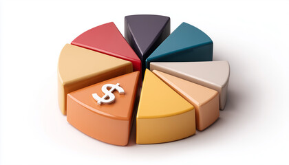 3D pie chart with dollar sign representing financial data analysis.
