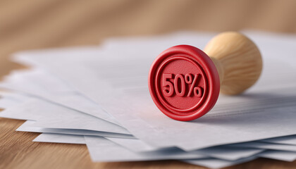 Stamp indicating 50% discount on a stack of papers.