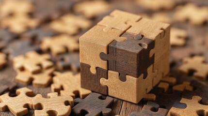 Wooden puzzle pieces arranged in a creative display.