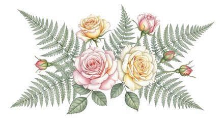 Watercolor Roses and Ferns Arrangement on White Background.