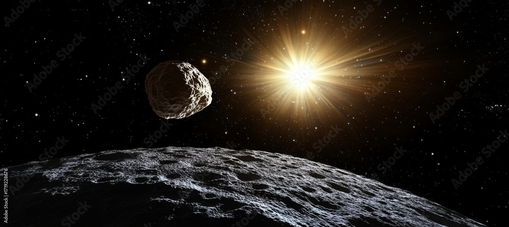 Aufkleber dramatic view of a dark asteroid illuminated by a distant star in the vastness of outer space