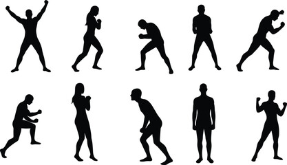 Silhouette Collection of Athletic Male and Female Poses in Various Dynamic Stances for Sports, Fitness, and Action Illustration Design