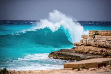 Powerful turquoise wave crashes on rocky shore