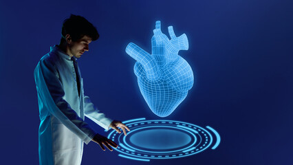 Digital collage. Male doctor examining holographic human heart with thoughtful emotion. Concept of cardiology, futuristic healthcare, medical branding, education, and advanced anatomy studies.