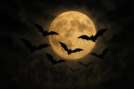 Silhouetted bats flying against a full moon