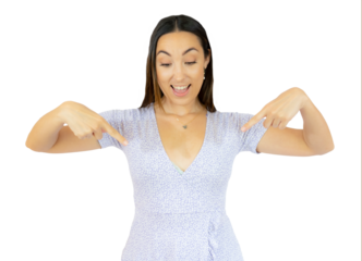 Young excited caucasian woman points down with fingers isolated over transparent background. PNG transparent