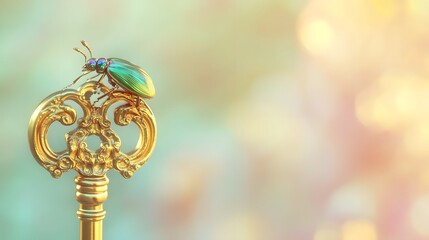 Colorful Beetle on Vintage Key with Dreamy Background Lighting