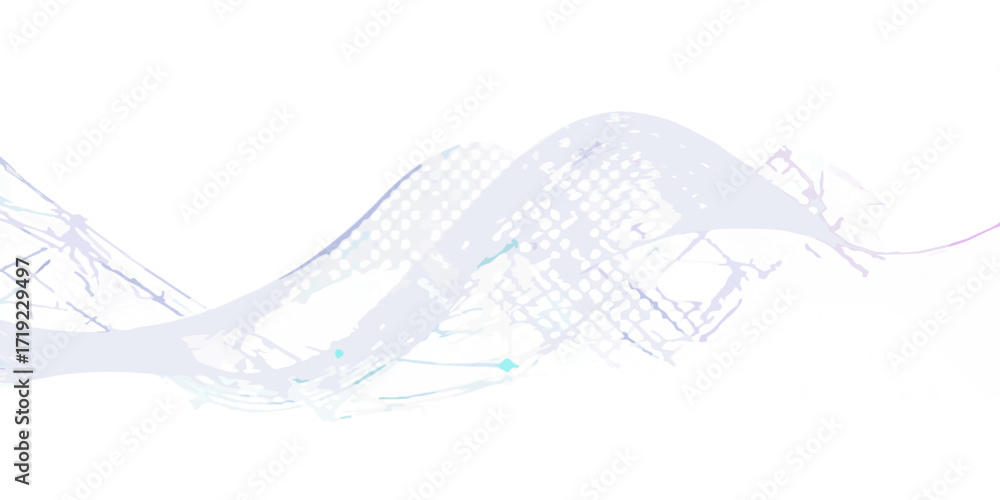Poster abstract flowing wave pattern with light purple and cyan colors and black dots on a black and white 