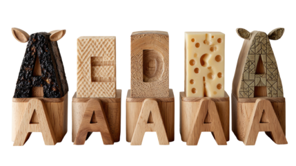 Wooden letter blocks hold different cheeses