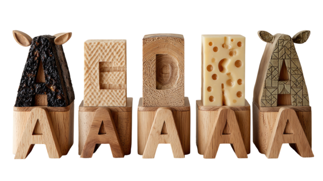 Wooden letter blocks hold different cheeses