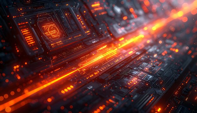 Futuristic tech; glowing orange lines across intricate circuitry