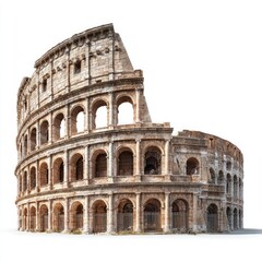 Fototapeta premium A three-quarter perspective of the Colosseum, showcasing its weathered stone facade, arched entrances, and partially intact structure against a stark white background