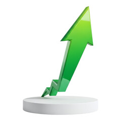 Green arrow pointing upwards on a white podium, isolated on transparent background