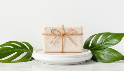 Artisan soap tied with natural twine on a minimalist white pedestal with vibrant green botanical leaves adorning the base