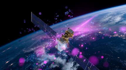 Satellite in orbit above Earth showcasing advanced technology and vibrant energy patterns during nighttime