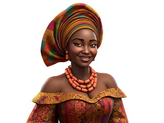 Smiling African woman with traditional headwrap and coral necklace, digital art.