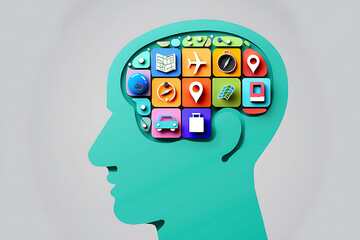 Human head silhouette filled with travel and transport icons