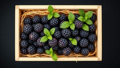 Freshly Picked Blackberries in a Rustic Wooden Crate with Fragrant Mint Sprigs, Placed on a Dark Surface