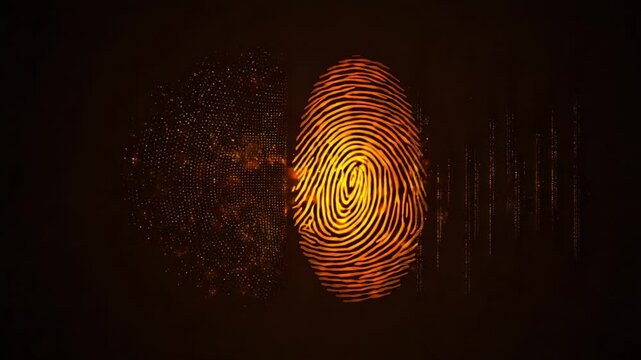 Futuristic biometric scanning animation showing a glowing golden fingerprint being analyzed. Alongside a digital representation and an evolving barcode for secure identification and data verification - Powered by Adobe