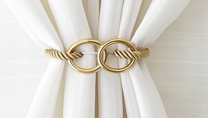 Elegant gold rope-design curtain tieback holding ivory fabric drapes against a textured wall
