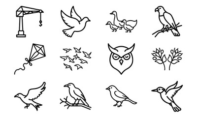 Collection of Line Art Icons – Birds, Flying Dove, Duck Family, Owl Face, Hummingbird, Parrot, Kite, Crane, and Decorative Floral Symbol Outline on White Background