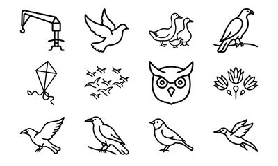 Collection of Line Art Icons – Birds, Flying Dove, Duck Family, Owl Face, Hummingbird, Parrot, Kite, Crane, and Decorative Floral Symbol Outline on White Background
