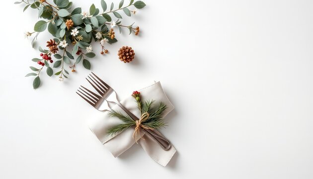 Festive Holiday Table Setting with Elegant Silverware, Rustic Natural Elements, and Bright White Background