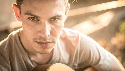 Close-up of a focused young man with a guitar in a warm light, looking directly at the viewer with an intense gaze