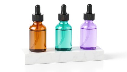 Three colorful bottles with eyedropper tops arranged side-by-side on a white marble pedestal for beauty or medicine applications