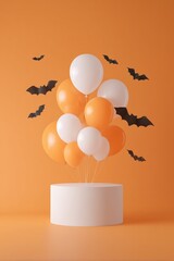 Balloons, Halloween, and bats on an orange background with a round white podium. Clean mockup layout with central composition allows space for text, product placement, or promotional design.