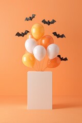 Balloons, bats, and Halloween decor with orange background and vertical rectangular pedestal. The scene is structured for mockup use with space for branding, product visuals, or advertising design.
