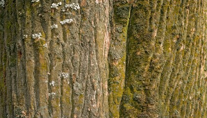 rough oak tree bark with moss and lichen textures in natural daylight closeup ideal for earthy wallpaper or editorial background