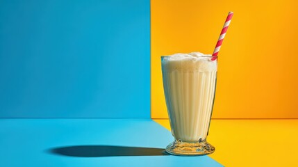 vibrant color picture of Glass with delicious milk shake on table indoors
