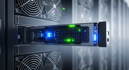 Server rack with a storage device, illuminated with blue and green lights.