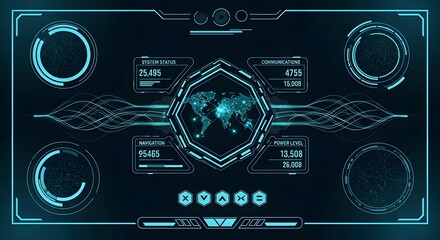 Futuristic HUD interface with world map and data displays.
