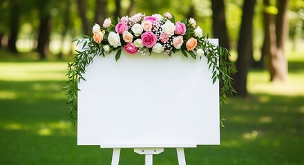 A beautifully arranged outdoor scene featuring a white easel stand holding a blank rectangular signboard, set against a lush green garden backdrop.
