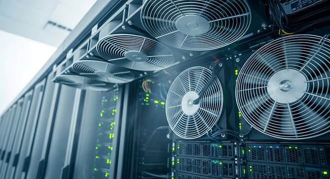 Close-up of server rack with multiple cooling fans and blinking green lights in a data center.